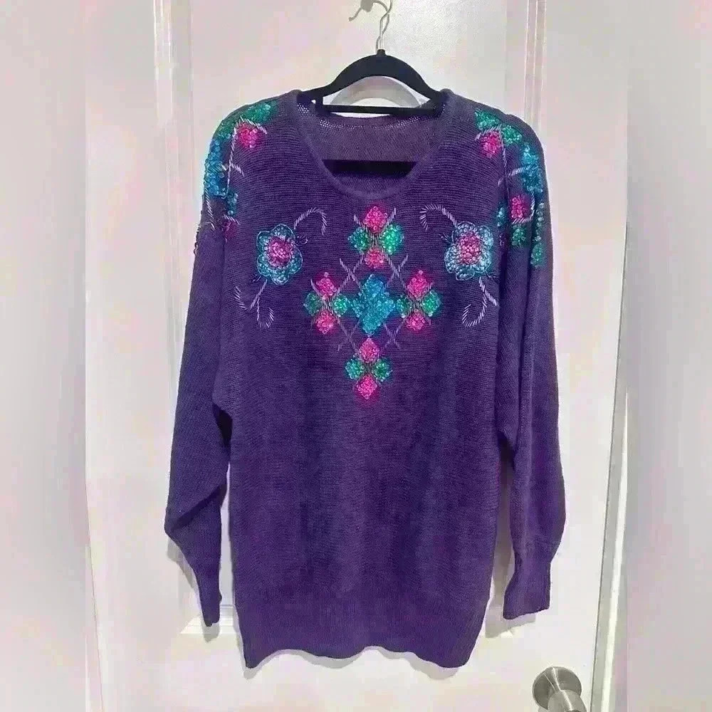 Purple sequined vintage sweater Victoria Jones 1990 Medium